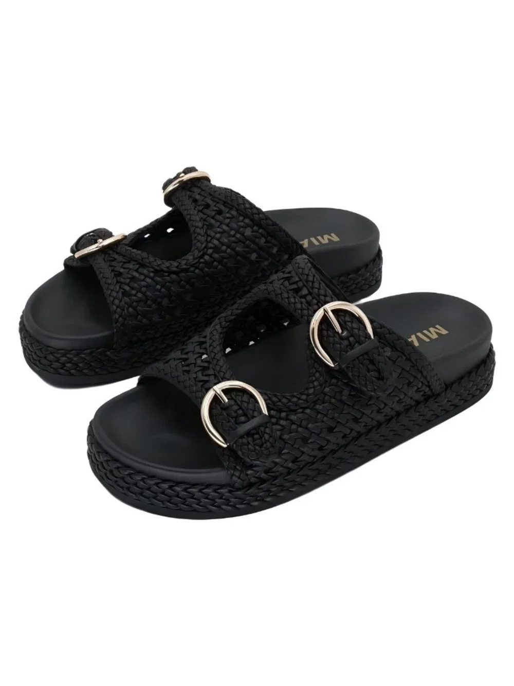 MIA Womens Trendy Woven Double Buckle Black Platform Slide Sandals Size 7.5M